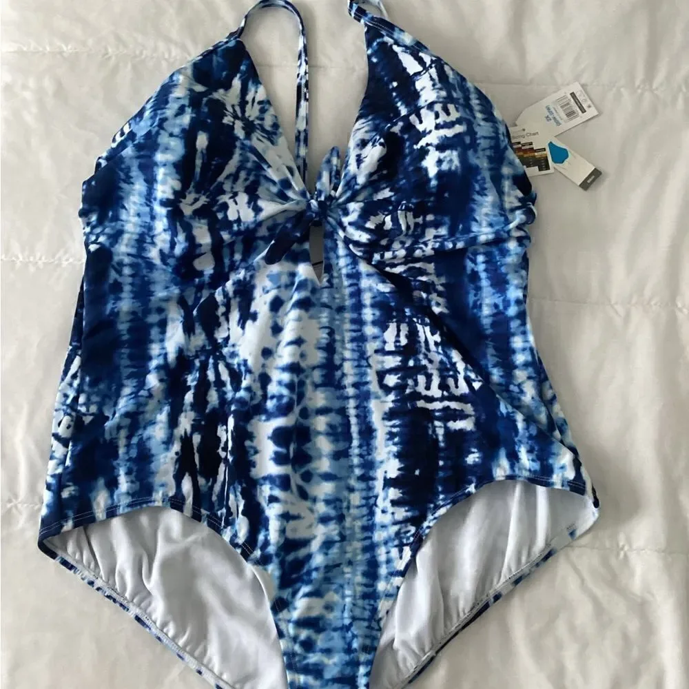 NWT Sz 22 Time Tru tie dye one piece swimsuit, blue, lined, w bust pads.